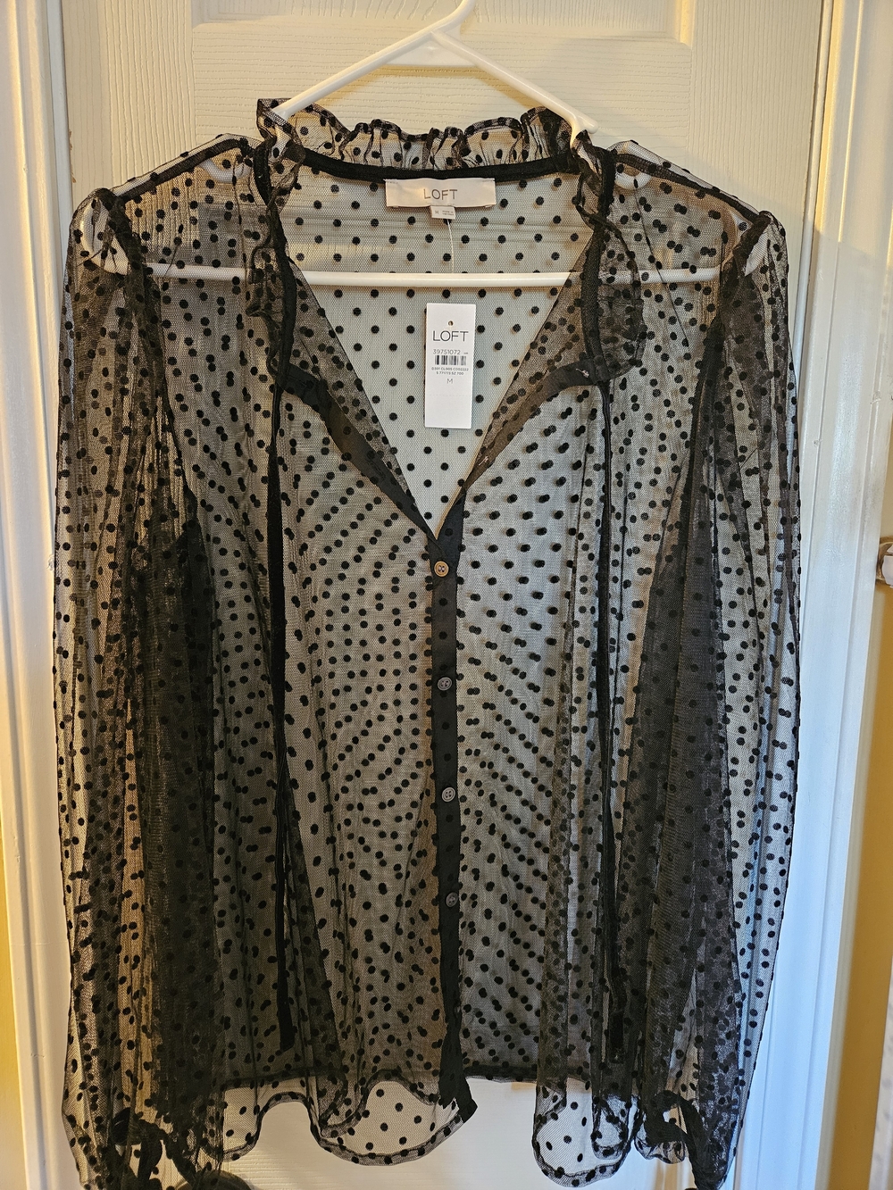 LOFT Black Polka Dot Sheer Ruffle-Neck Blouse